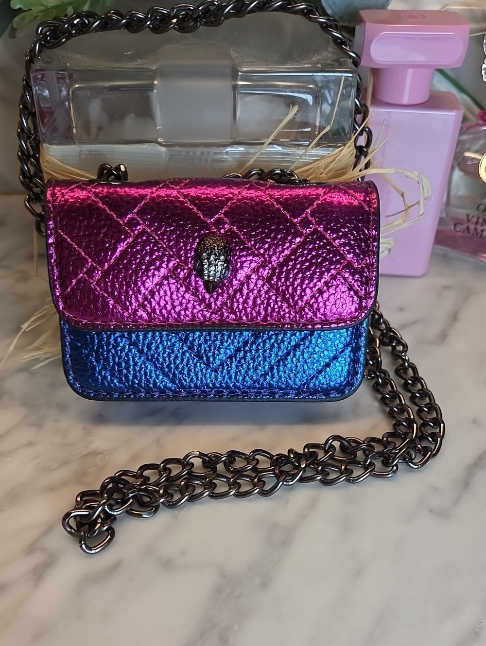 NWOT Kurt Geiger  Mini Metallic Pink and Blue Convertible Chain Crossbody Bag